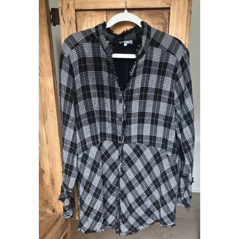 Habitat Women's Plaid Button-Front Mock Neck Fringe Blouse Top Size L